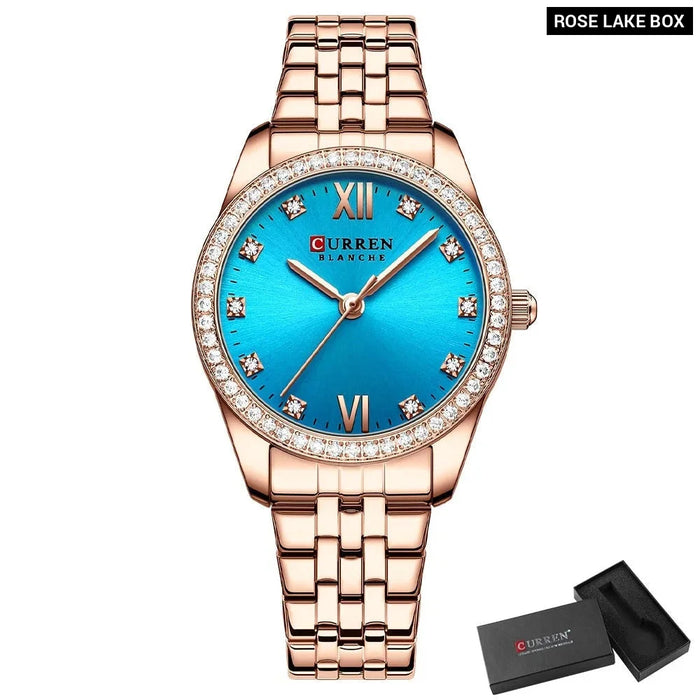 Stainless Steel Charming Rhinestone Rose Dial Quartz Watches For Women