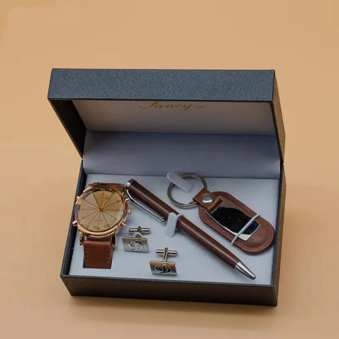 Mens Cufflinks Keychain Signature Pen Quartz Wrist Watch Set With Box