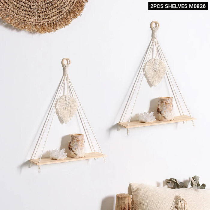 2 Piece Wood Bead Macrame Leaf Wall Shelf Set