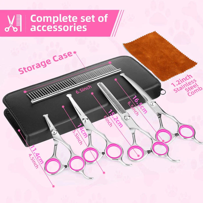 Stainless Steel Dog Grooming Scissors Set Safe Ergonomic Pet Trimmer Kit With Thinning Straight And Curved Shears Comb