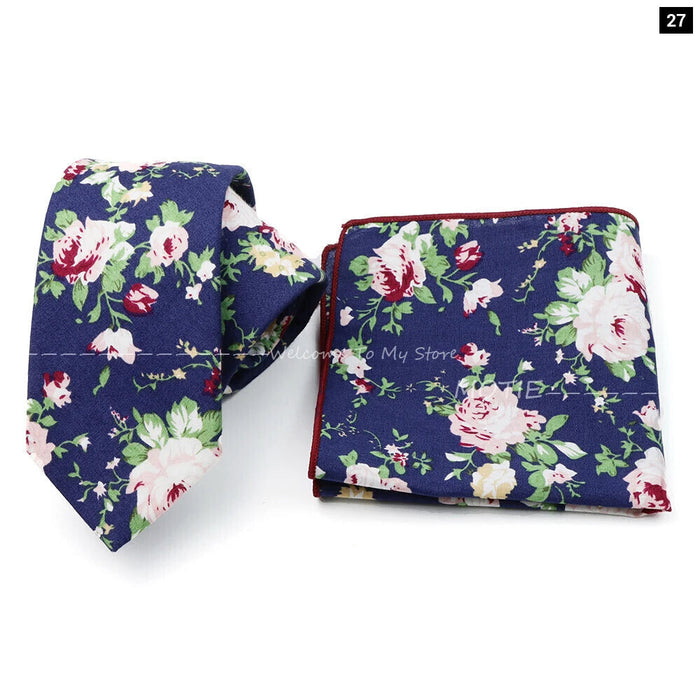 Floral Cotton Ties And Pocket Square Set For Business And Weddings