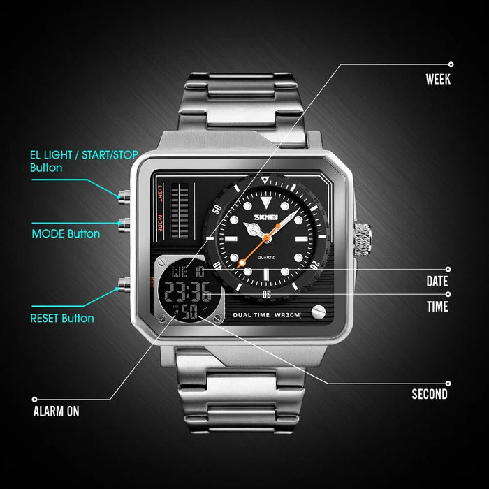 Men's Stainless Steel Band Digital Analog 3 Time Date Calendar Display Dual Display 3ATM 30M Water Resistant Wristwatch