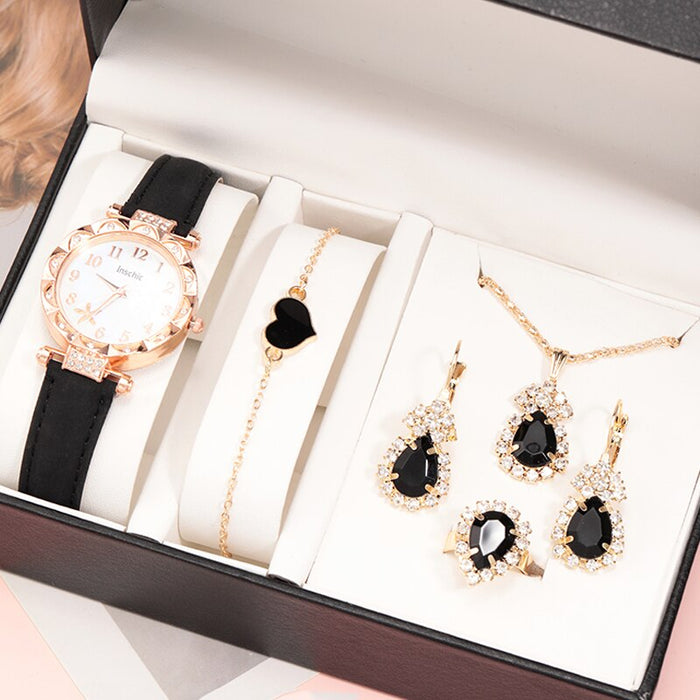 6Pcs Set Fashion Women Jewelry Watches Ladies Dress Black Leather Quartz Watch Womens Necklace Earrings Bracelet Wrist Watch