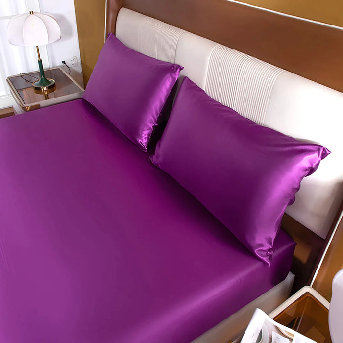 4 Piece Luxury Purple Satin Fitted Sheet Set