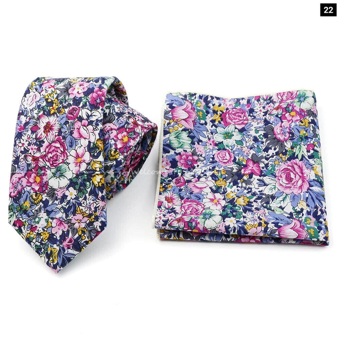 Floral Cotton Ties And Pocket Square Set For Business And Weddings