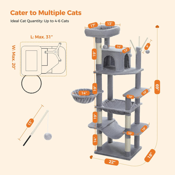 7 Level Indoor Cat Tower Scratching Post Condo H175Cm