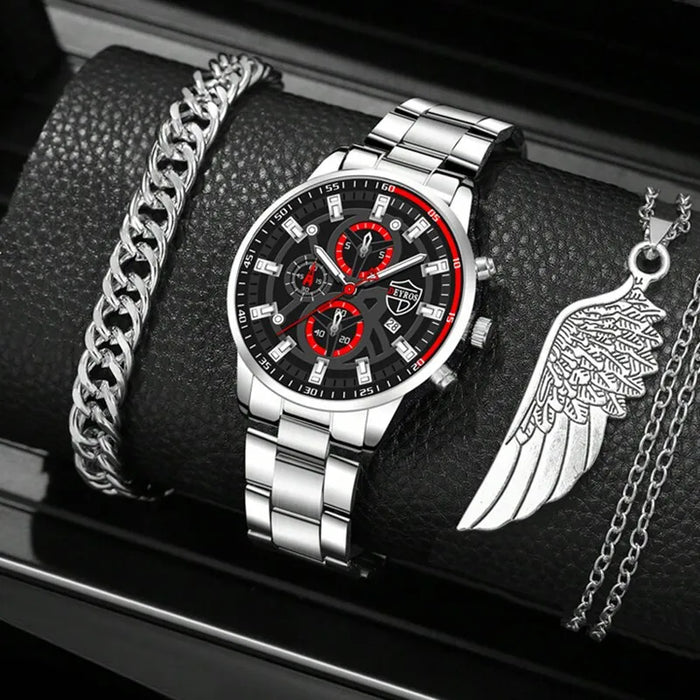 3PCS Set Fashion Luxury Mens Calendar Watches Male Casual Silver Quartz Watch Men