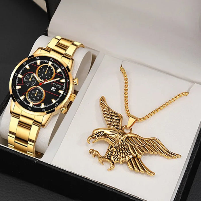 Men's Fashion Luxury Gold Stainless Steel Quartz Watches Man Calendar Sports Clock Male Luminous Watch Necklace Set