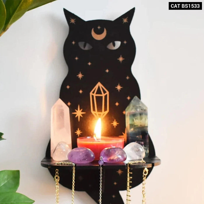 Wooden Cat Wall Shelf With Crystal Display