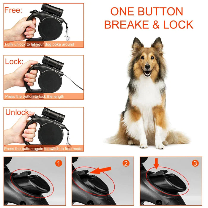 Retractable Dog Leash No Tangle Flashlight Poop Bag Holder Ideal