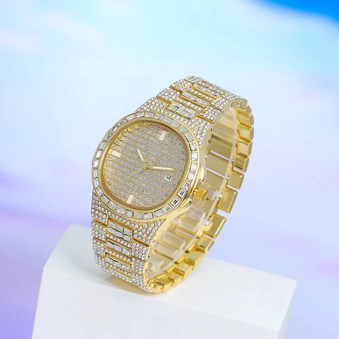 Womens Iced Out Diamond Quartz Wrist Watch Gold Dress With Rhinestone Jewellery 4Pcs Set