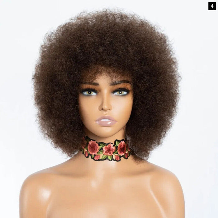 Short Afro Kinky Curly Human Hair Wig With Thick Bangs