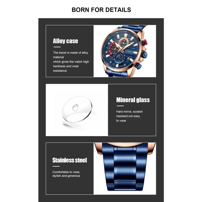 Blue Multi Function Quartz Watches Sport Stainless Steel Band Wristwatches For Men With Luminous Hands