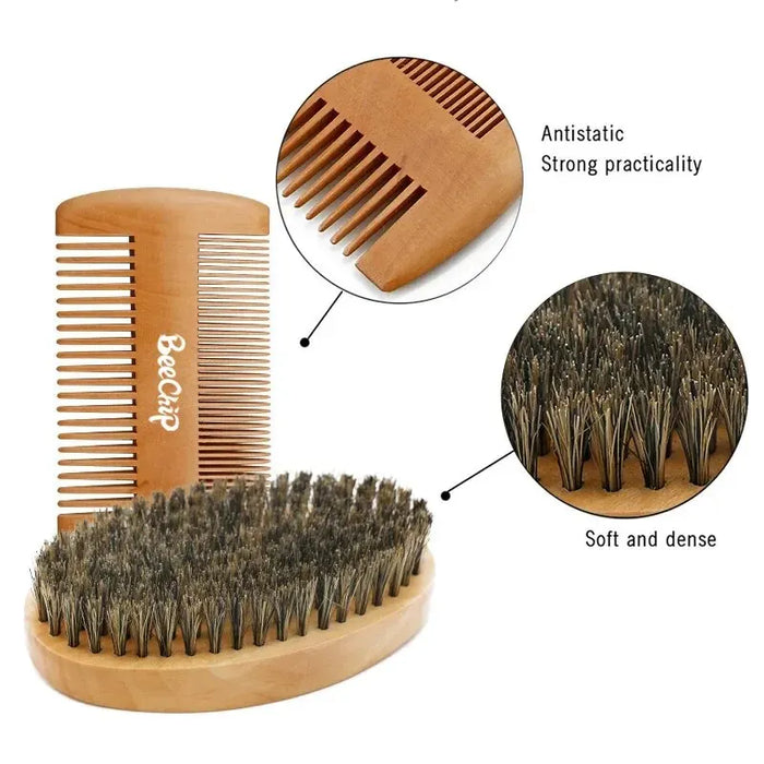 Boar Bristle Beard Brush And Comb Set With Bag