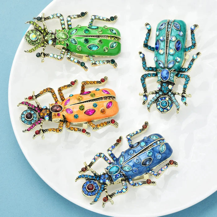 Enamel Beetle Brooch Rhinestone Insect Pin