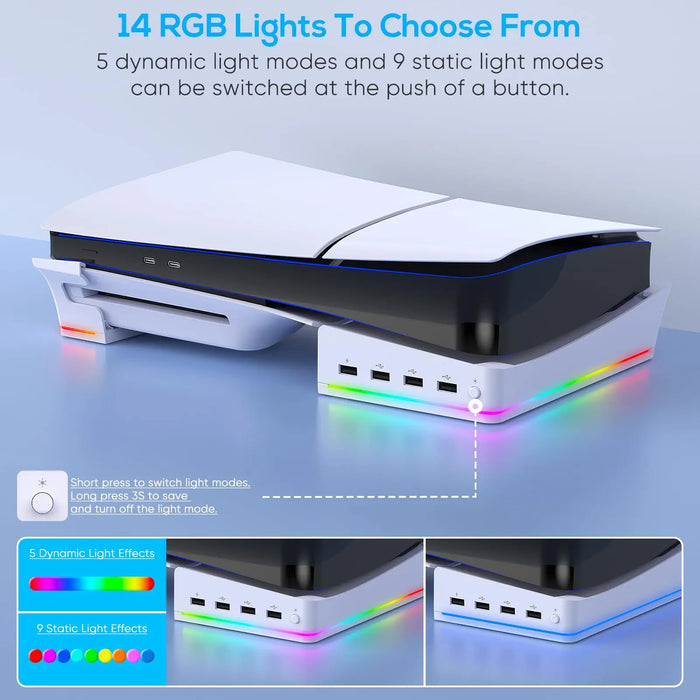 14 Light Mode Ps5 Slim Stand With 4 Usb Hubs