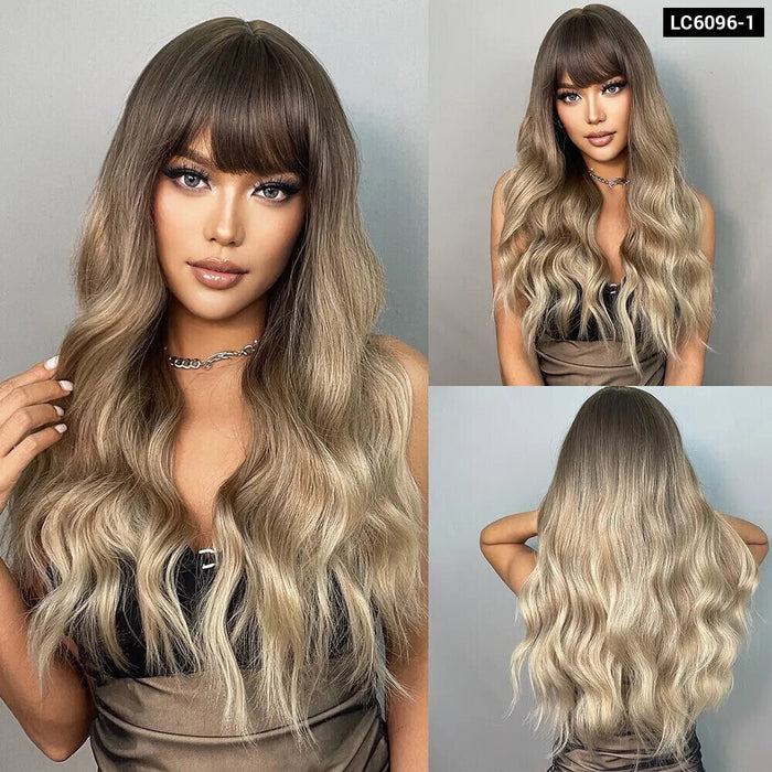 Long Wavy Brown Blonde Ombre Synthetic Wig With Dark Roots