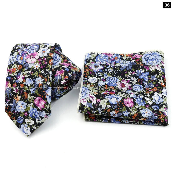 Floral Cotton Ties And Pocket Square Set For Business And Weddings