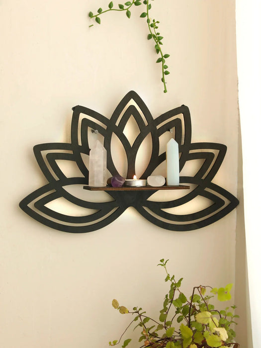 Boho Lotus Wood Shelf For Wall Decor