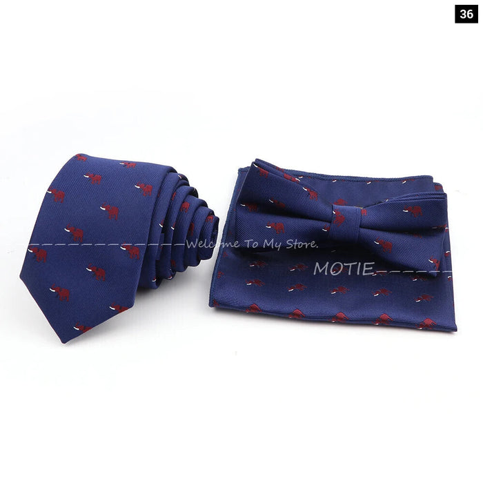 Cartoon Insect Tie Set Blue Bowtie Handkerchief Necktie For Men Business Party Casual Wear Gift