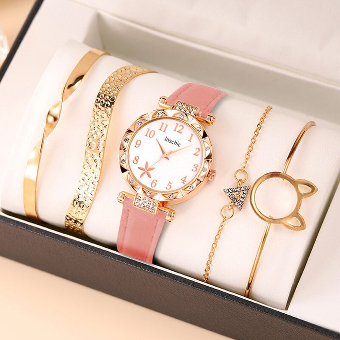 5Pcs Set Fashion Women Business Watches Simple Ladies Dress Leather Quartz Watch Womens Bracelet Wristwatch