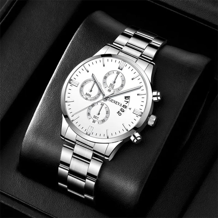 Fashion Mens Watches for Men Luxury Silver Stainless Steel Quartz Wrist Watch Man Business Calendar Watch