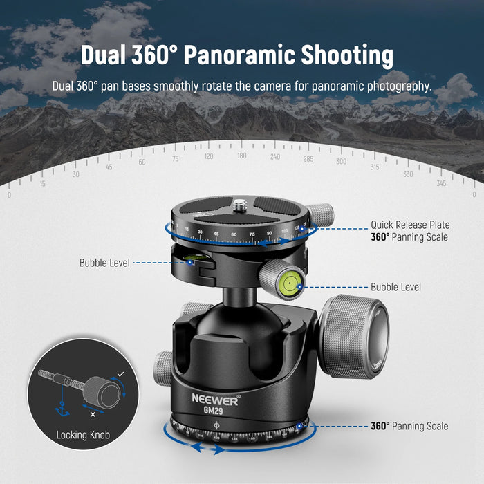 Low Profile Ball Head For Tripod & Monopod Heavy Duty Dual 360° Panorama Low Center Of Gravity