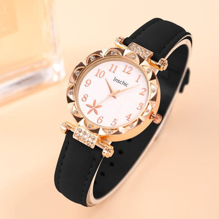 6Pcs Set Fashion Women Jewelry Watches Ladies Dress Black Leather Quartz Watch Womens Necklace Earrings Bracelet Wrist Watch