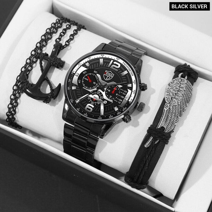 3PCS Luxury Fashion Mens Watches for Men Necklace Bracelet Quartz Wristwatch Male Business Casual Leather Wrist Watch