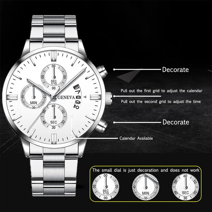 Fashion Mens Watches for Men Luxury Silver Stainless Steel Quartz Wrist Watch Man Business Calendar Watch