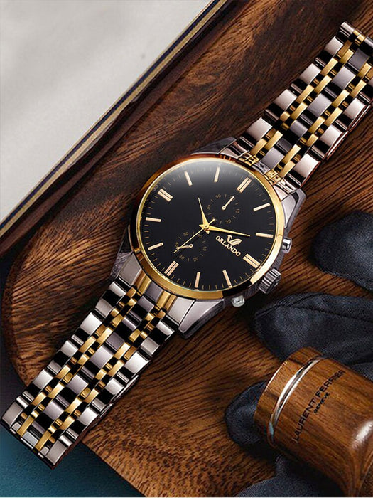 2PCs Fashion Business Big Dial Men's Room Gold Steel Band Quartz Wristwatch with Dumbbell Bead String Bracelet Set