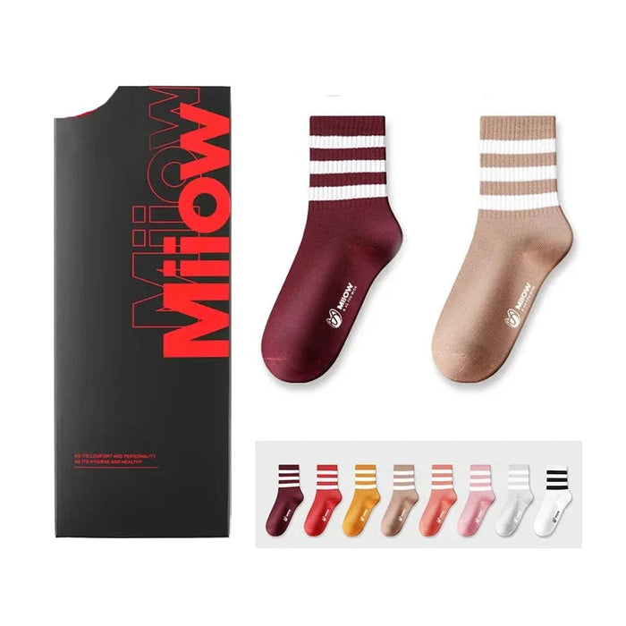 5 Pairs Striped Mid Tube Socks For Women