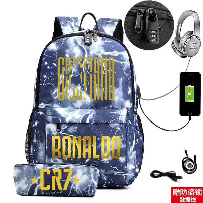 Ronaldo Printed Backpack With Usb And Lock 2 Piece Set