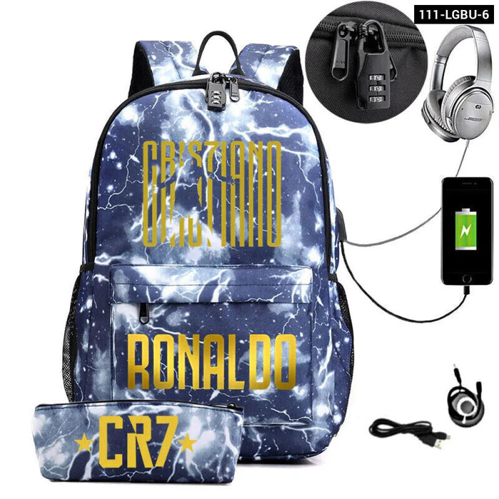 Ronaldo Printed Backpack With Usb And Lock 2 Piece Set