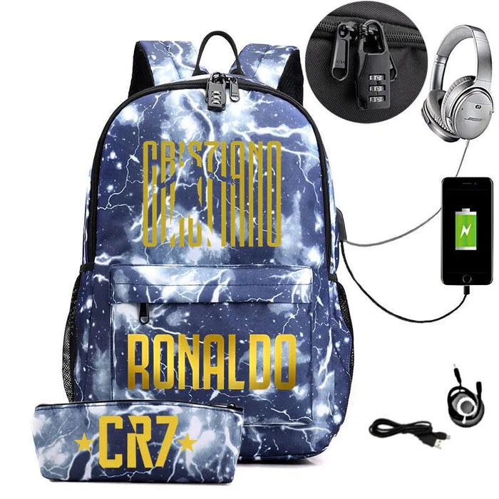 Ronaldo Printed Backpack With Usb And Lock 2 Piece Set