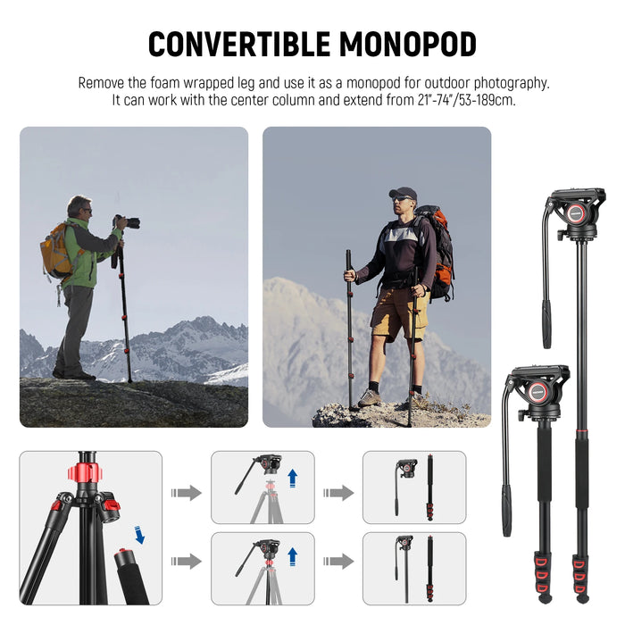 72 Fluid Head Video Tripod Monopod For Dslr Camera With Qr Plate Compatible With Dji Rs Gimbal And Manfrotto Aluminum Alloy Construction