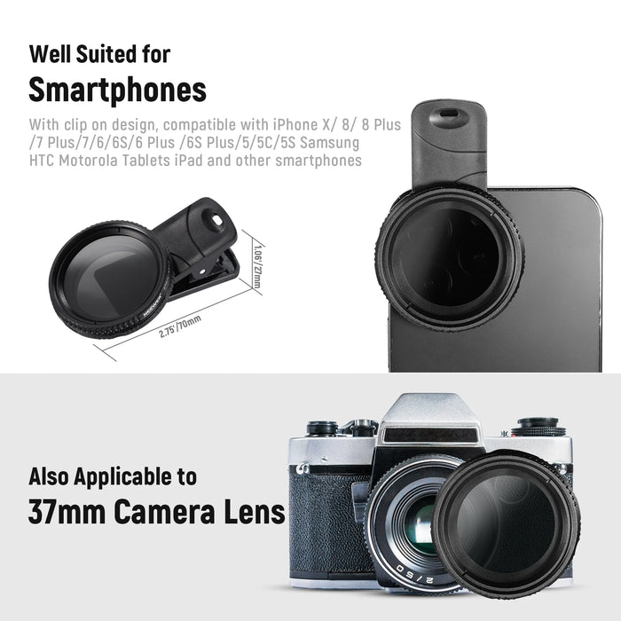 Adjustable Nd2 Nd400 Phone Camera Lens Filter Kit 37Mm Clip On With Phone Clip