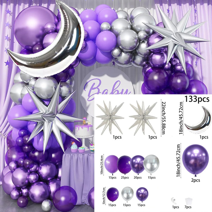 133Pcs Dark Purple Balloon Arch Set Lilac And Metallic Purple Silver Moon Suitable For Outdoor Decoration On Ramadan Anniversary