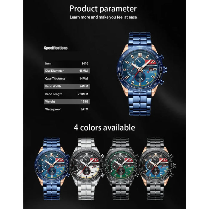 Fashion Stainless Steel Waterproof Analog Chronograph Sport Quartz Wristwatch