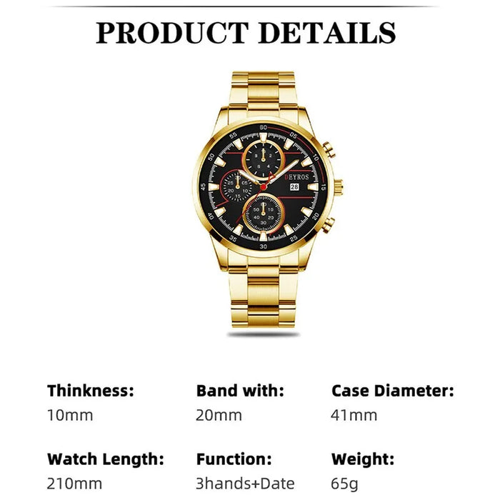 Men's Fashion Luxury Gold Stainless Steel Quartz Watches Man Calendar Sports Clock Male Luminous Watch Necklace Set