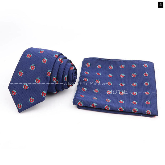 Cartoon Insect Tie Set Blue Bowtie Handkerchief Necktie For Men Business Party Casual Wear Gift