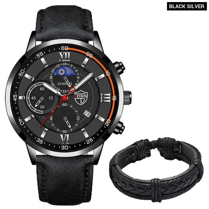 2PCS Set Fashion Mens Sports Watches Man Business Leather Bracelet Quartz Watch Luxury Men Casual Luminous Clock