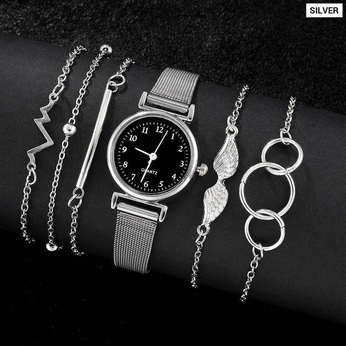 6Pcs Set Women Watches Fashion Ladies Quartz Watch Bracelet Set Silvery Mesh Luxury Women Watches Dress Clock