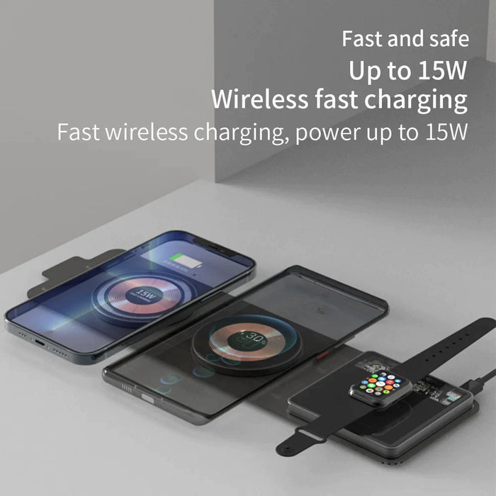 15W 3 In 1 Travel Transparent Foldable Portable Wireless Charger For Iphone 14 Pro Max 13 12 Iwatch8 7/Airpods