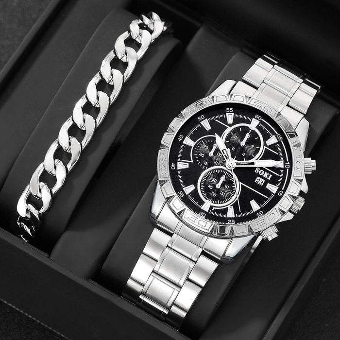 2pcs Men Stainless Steel Strap Sports Business Fashion Casual Round Pointer Calendar Quartz Watches Bracelet