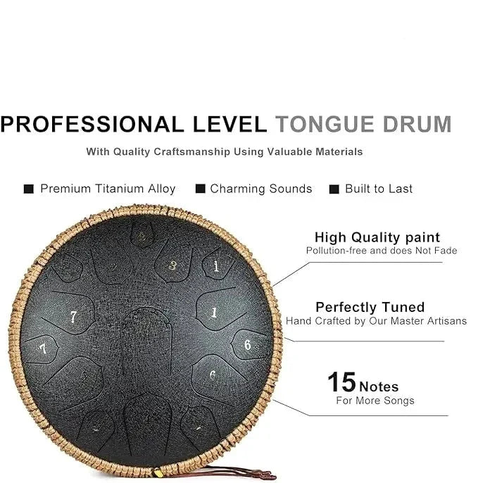 15 Tone 14 Inch D Tone Hand Plate Sanskrit Professional Black Steel Tongue Drum For Yoga & Meditation