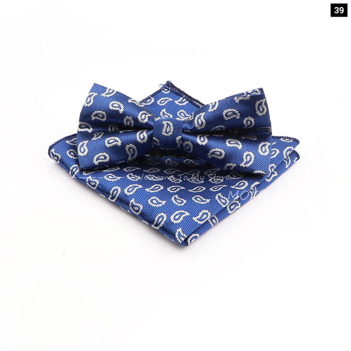 Blue Paisley Bowtie Set Polyester Skinny Pocket Square