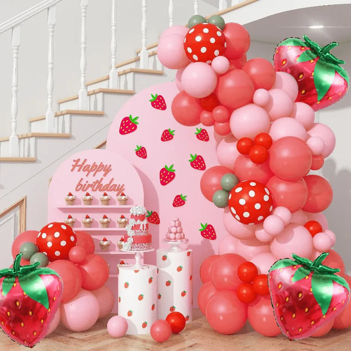 133Pcs Red Pink Strawberry Balloon Wreath Arch Kit Hot Light Pink Red Balloon Strawberry Themed Parties And Birthday Parties