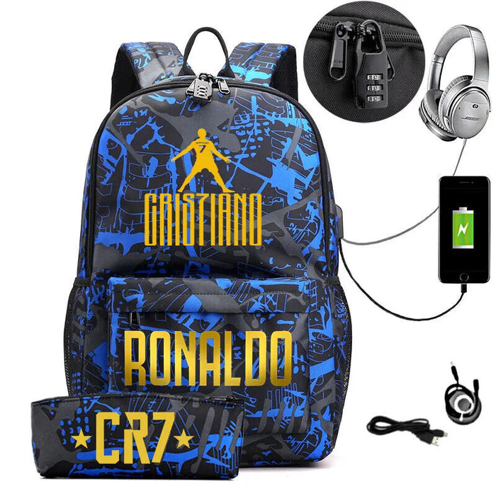 Ronaldo Printed Backpack With Usb And Lock 2 Piece Set