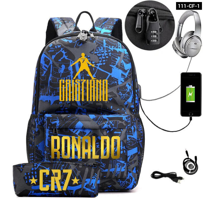 Ronaldo Printed Backpack With Usb And Lock 2 Piece Set